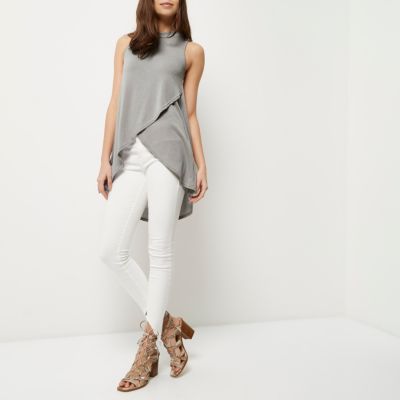 Grey knitted wrap front sleeveless top